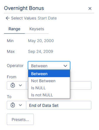 set a time range, or apply appropriate NULL filter