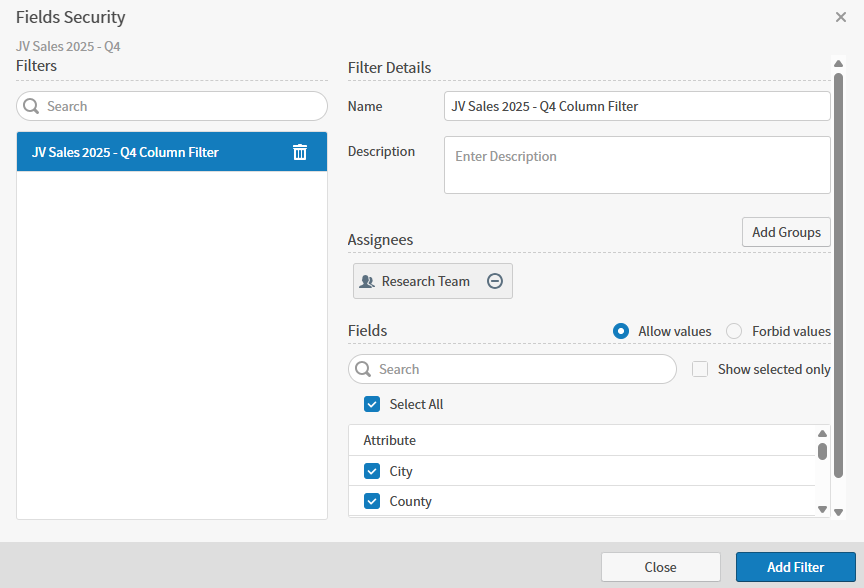 modify a column filterin the fields security work area here