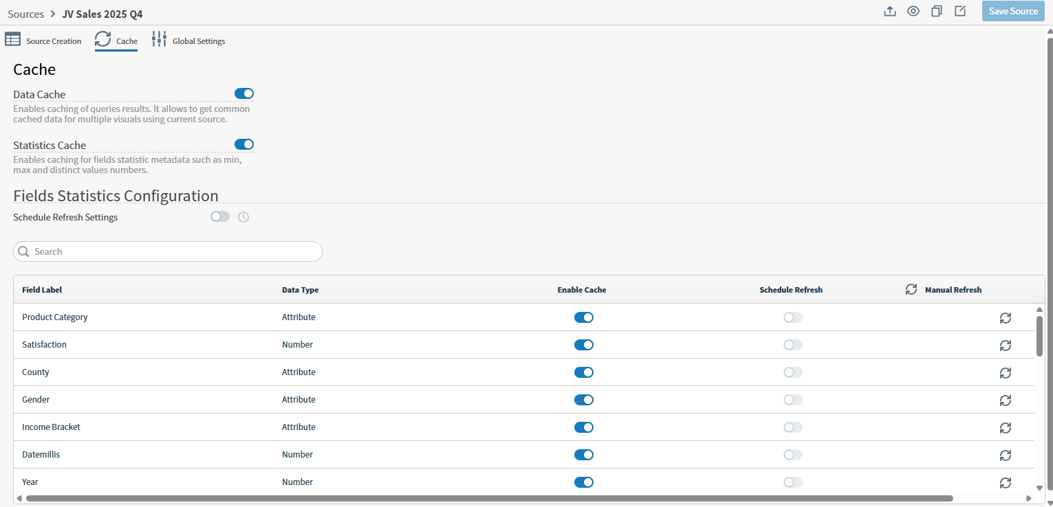 use this work area to define data cache settings, statistics stash settings, schedule refresh settings, enable caching for fields, or manually refresh one or more fields.
