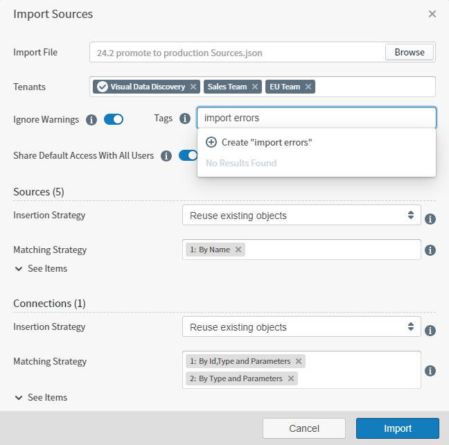 Use this work are to define what JSON file to import, for which tenants, using what insertion strategies, tags, and access