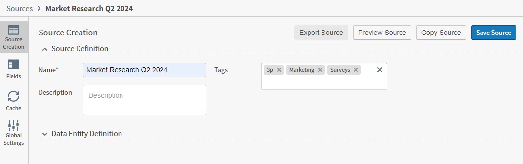 update source definition information in this section of the work area