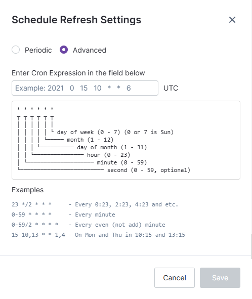 use the work area to scheudule the refresh settings for your data by creating your own Cron Expression
